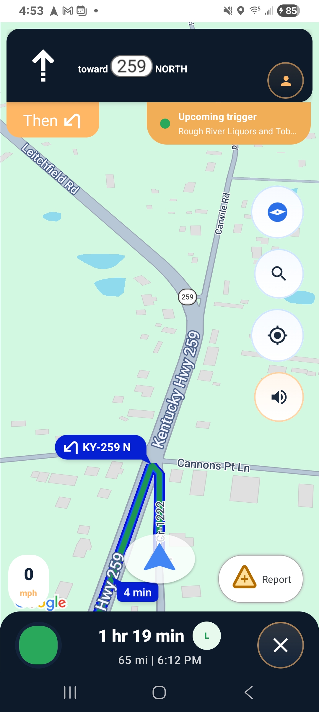 DeTour navigation screen with turn guidance and upcoming trigger banner.