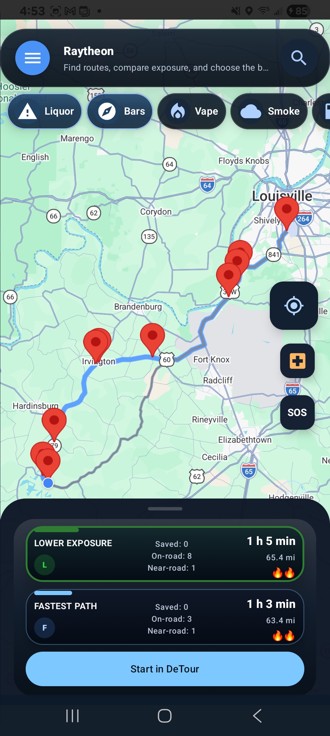 DeTour route comparison screen showing lower-exposure and fastest route cards.